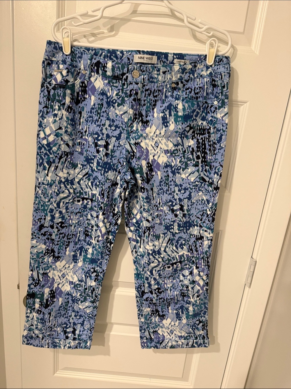 Nine West Blue Multi  CHRYSTIE CAPRI Cropped Jeans 12 CAPRIS PANTS CASUAL SPLAT